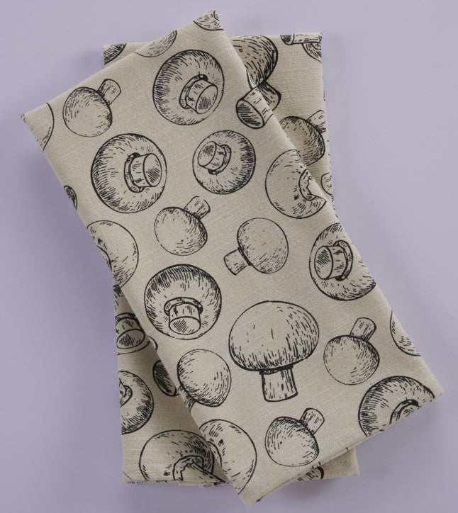 Premium Cotton Printed Towels - Mushroom Print Set of 2 Kitchen Towels - 100 % Cotton - Ivory / Black